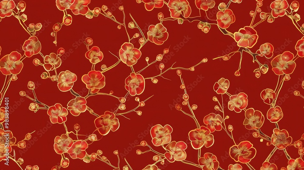 Poster red seamless pattern with golden flowering tree branches. endless texture decoration with line gold 