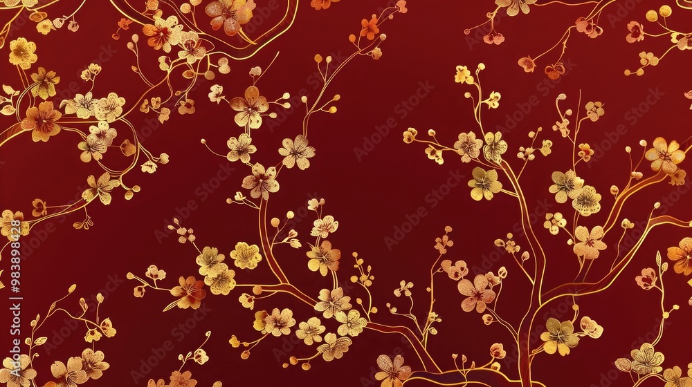 Aufkleber red seamless pattern with golden flowering tree branches. endless texture decoration with line gold 