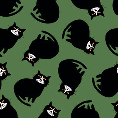 Funny black cat hand drawn vector illustration. Halloween animal seamless pattern for kids fabric or wallpaper.