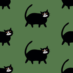 Cute black cat hand drawn vector illustration. Halloween animal seamless pattern for kids fabric or wallpaper.