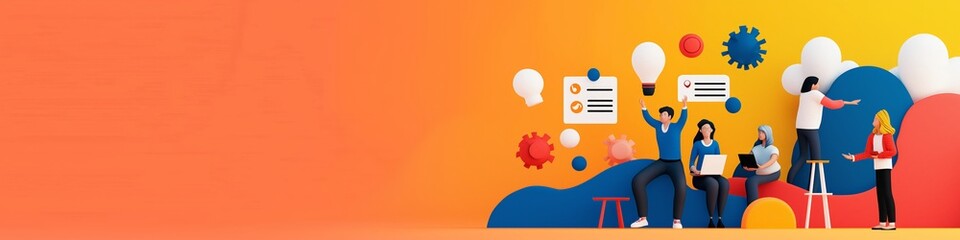 A vibrant workspace illustration depicting teamwork, creativity, and collaboration in a modern office environment.