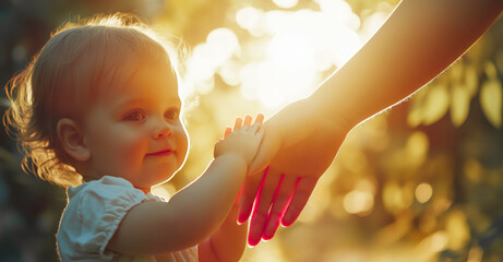 A cute baby girl, holding her mother's hand and smiling at the camera, is bathed in golden hour sunlight, with ample copy space for text.