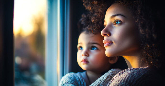 A beautiful mixed-race woman and her child gaze out a window, bathed in sunset light, creating a bokeh effect and ample copy space.