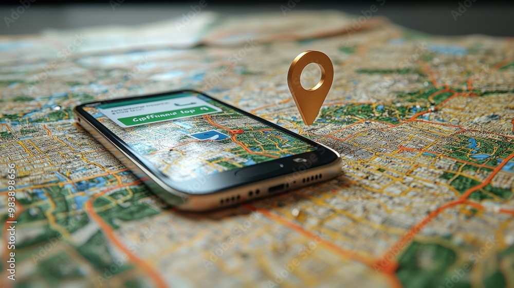 Poster smartphone navigation app with map and pin