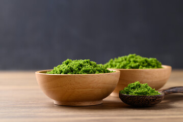 Wolffia or watermeal in bowl, Edible small aquatic plant high protein