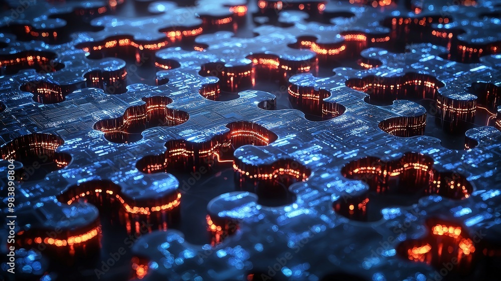 Poster abstract puzzle pieces with glowing circuit board pattern