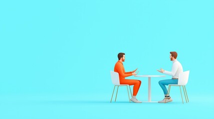Two men engaged in a conversation at a table. Vibrant colors create a modern and inviting atmosphere for communication.