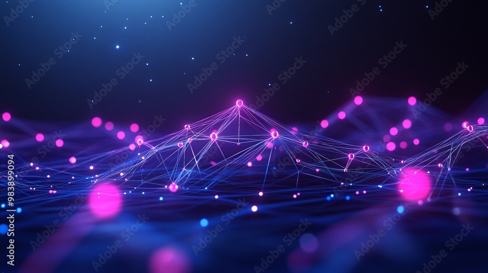 Poster a vibrant digital landscape depicting interconnected nodes and flowing lines, representing advanced 