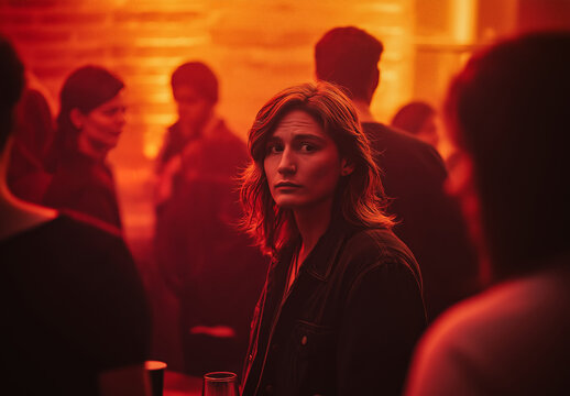 A woman with shoulder-length hair stands alone, feeling lonely amidst a crowd at an after-work party, her face illuminated by a red light.