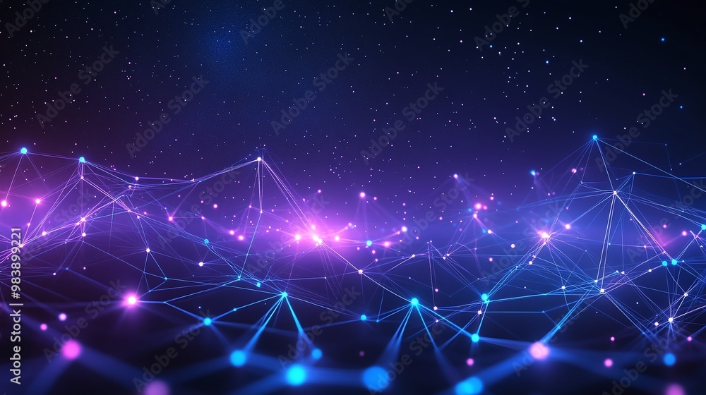 Poster a vibrant digital landscape showcasing interconnected nodes and flowing lights, representing data ne