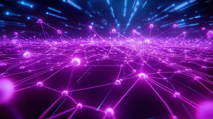 Obraz premium A vibrant digital landscape showcasing interconnected nodes and beams of light in shades of pink and blue, symbolizing technology and innovation.