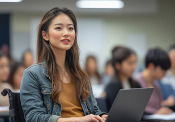 Fototapeta premium A smiling Asian female student in a wheelchair sits in the front row, holding her laptop and looking up during class.