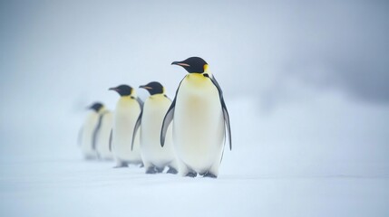 Fototapeta premium Emperor penguins stand and walk on the snow in Antarctica.