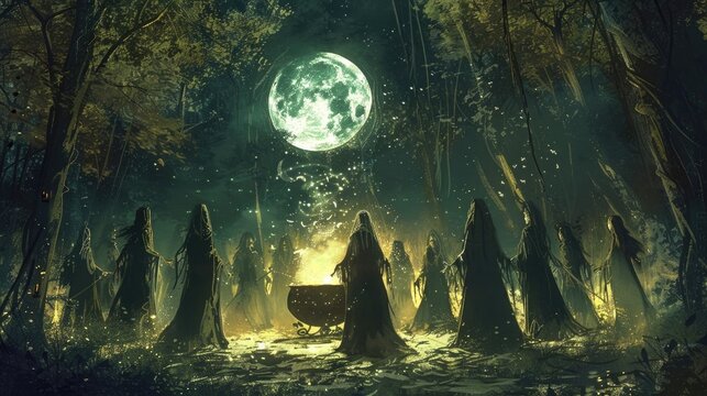 Shadowy figures encircle a cauldron a witch coven performing a forest ritual beneath the full moon