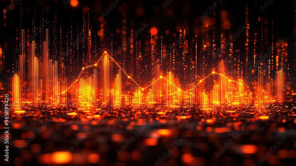 Poster abstract cityscape with glowing bars and line graph