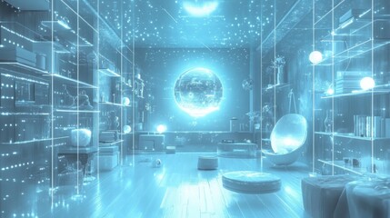 A modern living room featuring glowing holographic displays and digital lighting, showcasing futuristic technology and a sleek, immersive interior design.