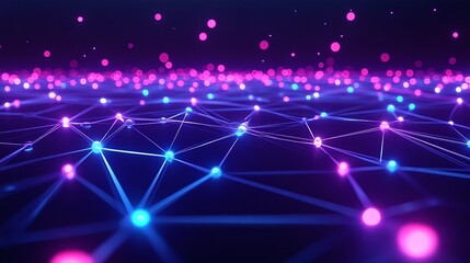 Obraz premium A vibrant digital network scene featuring glowing nodes and connecting lines in pink and blue hues on a dark background.