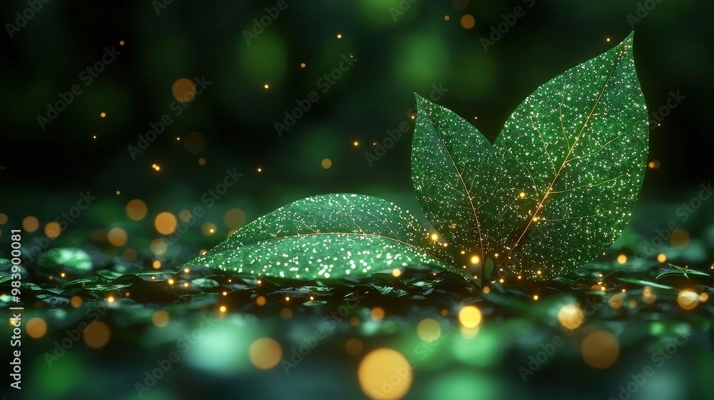 Wall mural green leaves with bokeh lights in nature abstract background