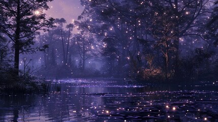 Stardust swamp at twilight where the water and air shimmer with fine star like particles creating a dreamy mystical ambiance
