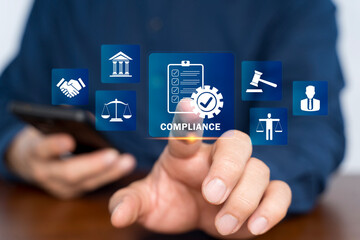 Compliance in business concept. Person use smartphone with compliance icon on virtual screen
