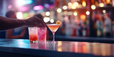 A man's hand is captured in the act of spiking a drink at a bustling bar or club