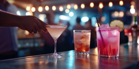 A man's hand is captured in the act of spiking a drink at a bustling bar or club