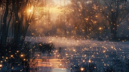 Naklejka premium Stardust swamp at twilight where the water and air shimmer with fine star like particles creating a dreamy mystical ambiance