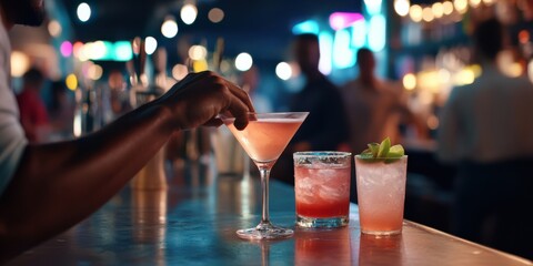 A man's hand is captured in the act of spiking a drink at a bustling bar or club