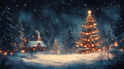 Painted Christmas Scene, Snow Scene With Christmas tree