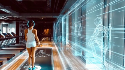 A woman exercises on a treadmill in a high-tech gym, using holographic workout guidance projected on the walls, blending fitness with advanced virtual technology.