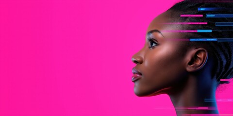Profile of a Woman with Digital Interface Overlay on Bright Pink Background