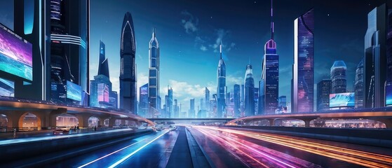 Futuristic Cityscape at Night with Neon Lights and Modern Architecture