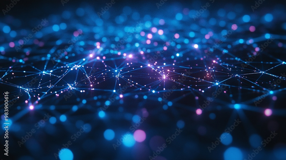Poster a vibrant network of interconnected data points illuminated in blue and purple, representing technol