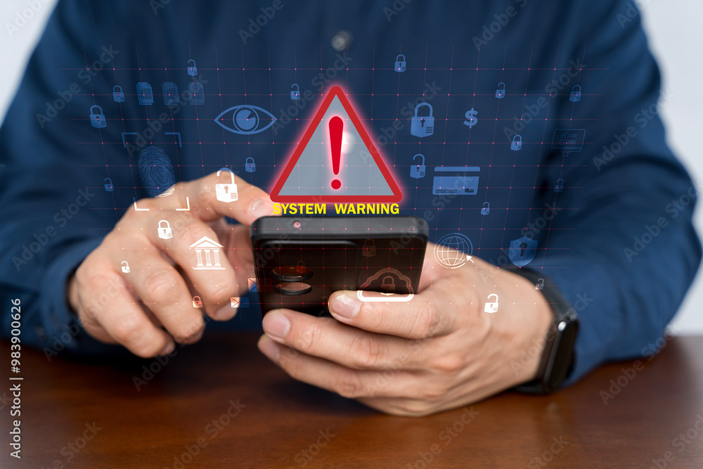 Poster system warning alert, cyber security concept. digital warning sign with red exclamation marks