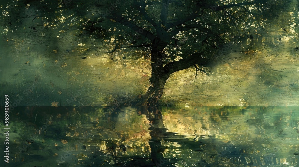 Aufkleber the treea s reflection in a nearby pond, a metaphor for introspection and the depths of understandin