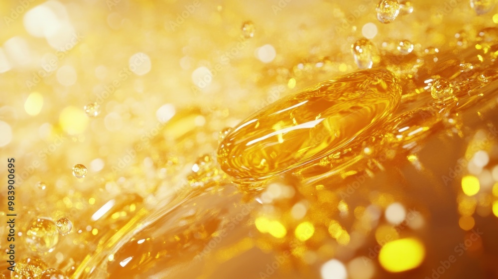 Poster Golden Liquid Abstract with Bubbles