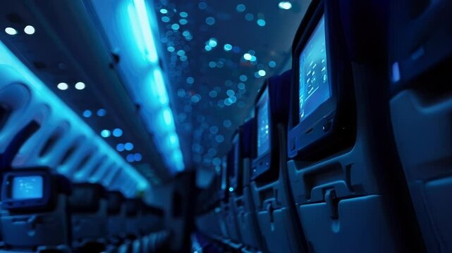 Interior of a private jet cabin illuminated by blue mood lighting, showcasing the luxurious leather seats and entertainment system