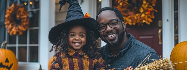 black, african american father and daughter in witch hat on front porch, preparing the house for Halloween. costume party. Family moment. banner