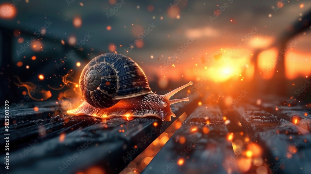 Poster turbo snail with fiery boost speeding on a rustic wooden bridge twilight setting