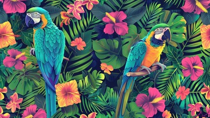 Tropical exotic pattern with macaws and flowers in bright colors and lush vegetation, generative AI