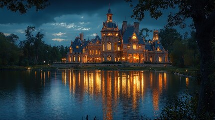 Fototapeta premium Illuminated Castle Reflection in Lake at Dusk