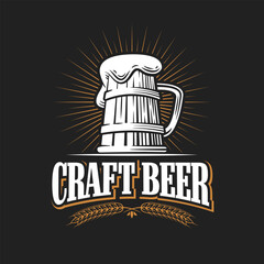 Craft beer icon on a dark background. Beer logo with a mug and barley decoration. Vintage engraved emblem for pub or bar.
