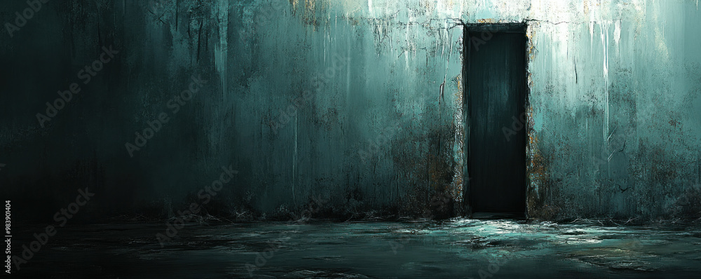Poster a dark room with a door that is open. the room is empty and the door is the only thing visible