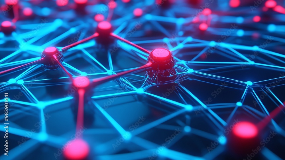 Poster a vivid representation of interconnected nodes and networks in vibrant blue and red, showcasing tech