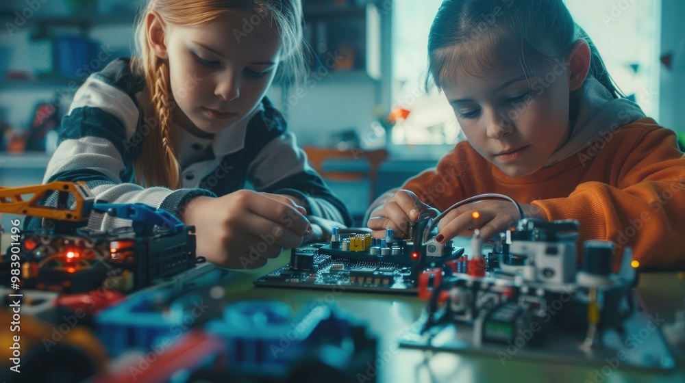 Poster two classmates working togeter on circuit board, building robot in after-school robotics club. child