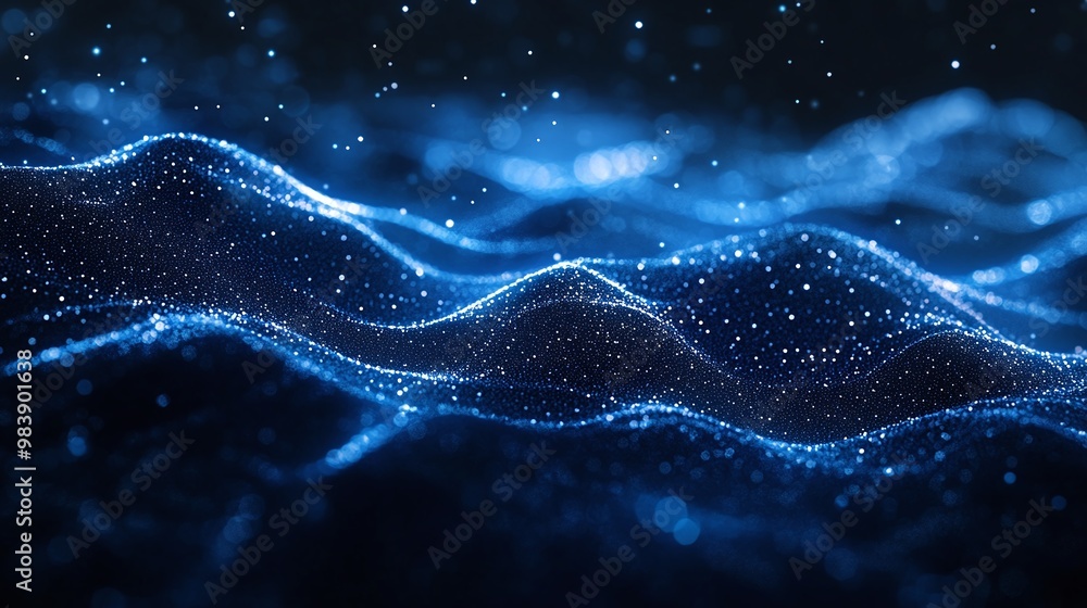 Poster abstract blue waves illuminated by shimmering particles, creating a serene and dynamic visual repres