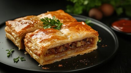 Golden Puff Pastry Filled with Savory Filling on Black Plate