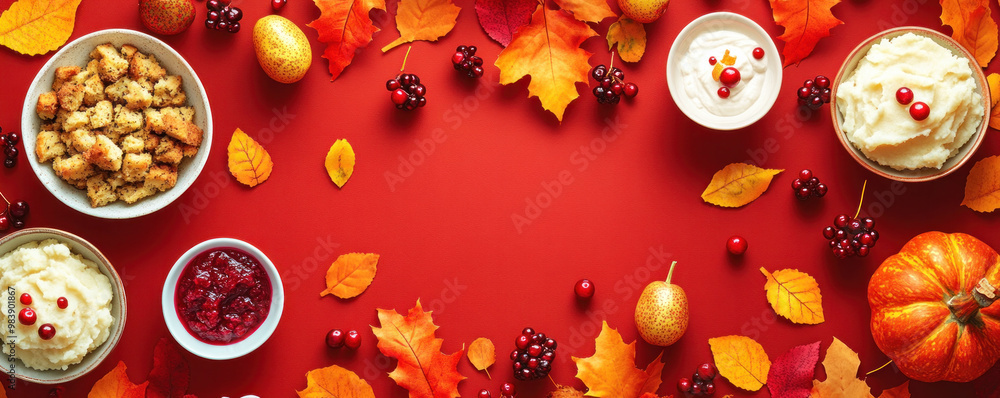Poster a table with a variety of food and fall leaves. the table is decorated with a red background and a w
