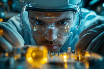 Focused Engineer Working on High-Tech Circuit Board for showcasing precision, technology, and advanced engineering.