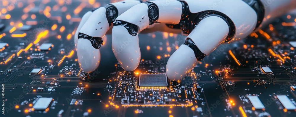 Poster a robot is touching a computer chip. the robot is white and the chip is black. the image has a futur